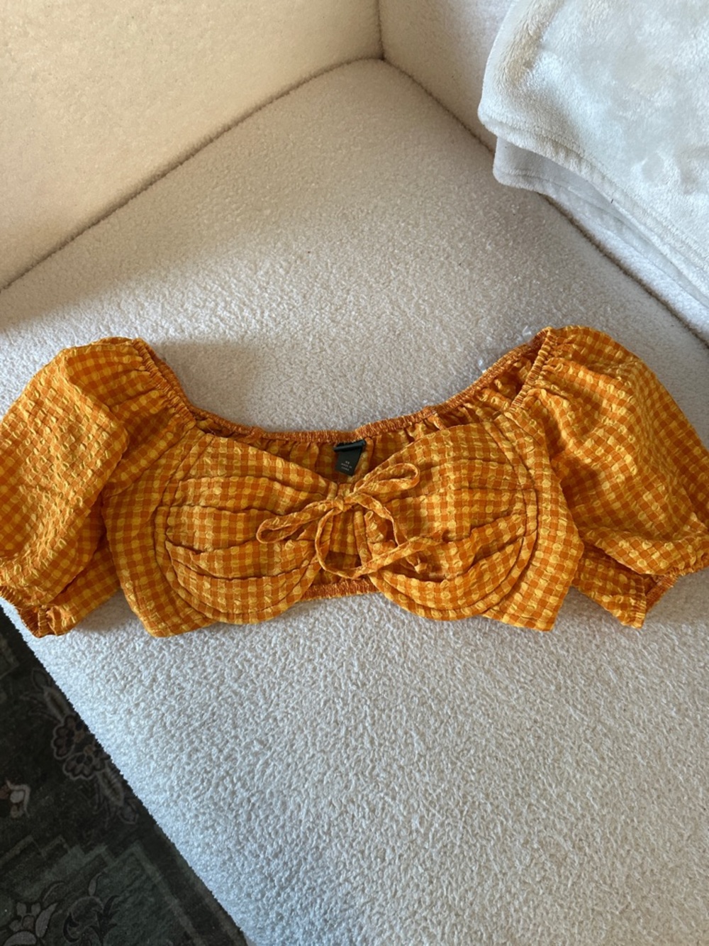 wild fable Yellow Gingham Tie-Front Puff Sleeve Crop Top